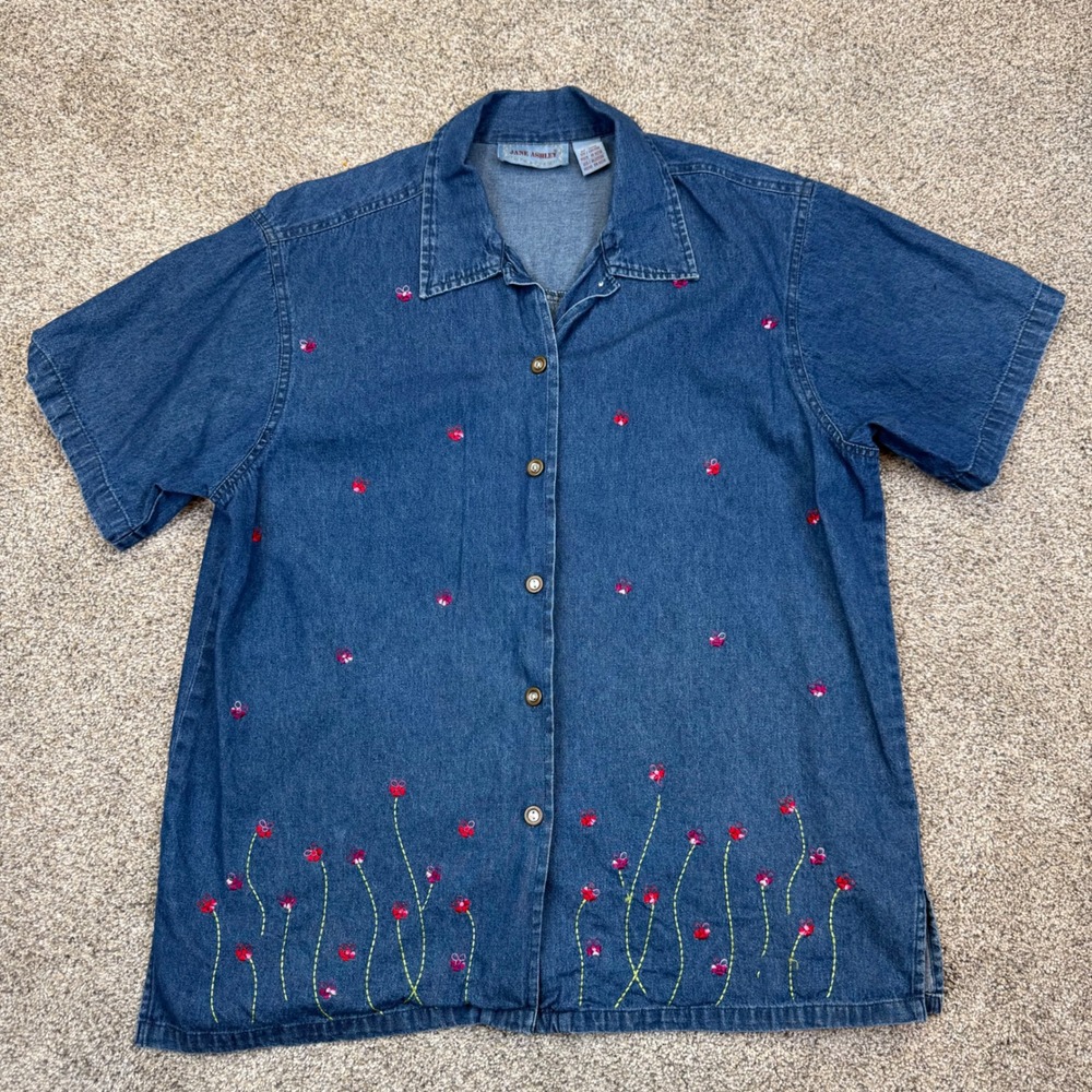 VTG Jane‎ Ashley Denim Shirt Womens Large Embroidered Floral Cotton Button Up